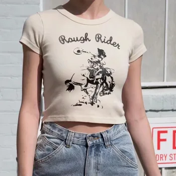 Femeile Rough Rider Grafic Bumbac Trunchiate Fit Tee Culturilor Topuri tricou cu Mânecă Scurtă de culoare Bej Vintage Scrisoare de Imprimare tricou Sexy 2021