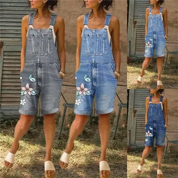 2020 Vara Noi Femeile Lung Costume De Moda Flori Imprimate Jeans Short Romper Casual Florale De Buzunar Costum Salopeta Din Denim