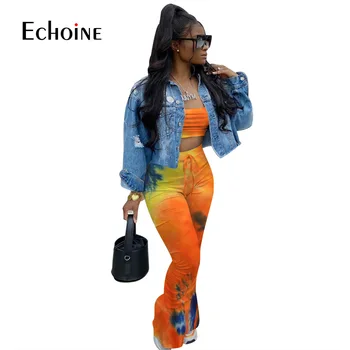 Echoine vara tie-dye print Femei sexy strapless crop top flare split pantaloni de costum din două piese set sport set de potrivire tinuta