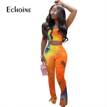 Echoine vara tie-dye print Femei sexy strapless crop top flare split pantaloni de costum din două piese set sport set de potrivire tinuta