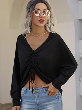 Femei V-Neck Crop Topuri Sexy cu Maneci Lungi Culoare Solidă Ruched Cordon Bluza Vrac Doamnelor Moda Expune Burta Dantelă Topuri