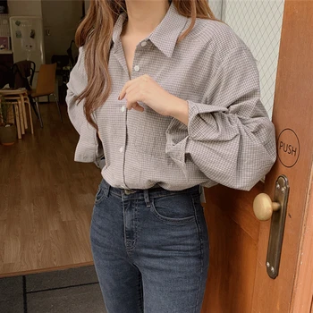 Noi 2020 Toamna Iarna pentru Femei Bluze Casual Carouri Supradimensionat Vintage de Birou, în Carouri, Tricouri coreean Sălbatice Buzunar Doamna Topuri BL3259