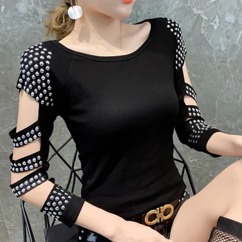 Femei tricou 2020 Nou Sexy ochiurilor cămașă Caldă Diamond Slim cu maneca lunga tricou Femei plus dimensiune a ochiurilor de plasă de sus femeie topuri haine coreene