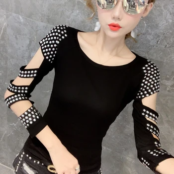 Femei tricou 2020 Nou Sexy ochiurilor cămașă Caldă Diamond Slim cu maneca lunga tricou Femei plus dimensiune a ochiurilor de plasă de sus femeie topuri haine coreene