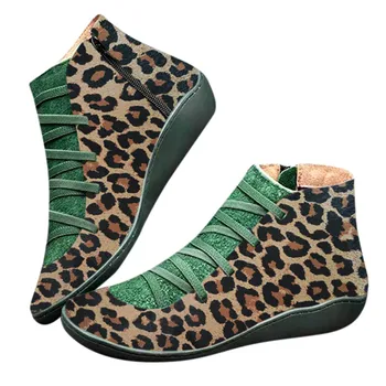 De Vânzare la cald Femei Glezna Cizme de Moda Leopard din Piele Pu de Boot de sex Feminin Dantelă-up de închidere cu Fermoar Rotund Toe Pantofi de Primăvară Pantofi de Toamnă