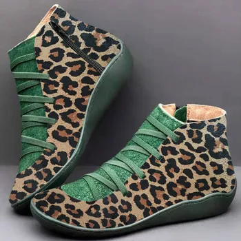 De Vânzare la cald Femei Glezna Cizme de Moda Leopard din Piele Pu de Boot de sex Feminin Dantelă-up de închidere cu Fermoar Rotund Toe Pantofi de Primăvară Pantofi de Toamnă