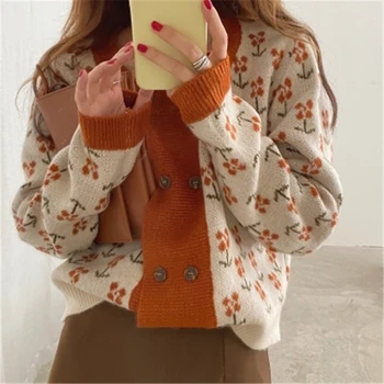 Femei Florale Imprimare tricotate, Cardigane Toamna Iarna coreean Pierde O-gât Pulover, Jachete Pentru Femei Casual Dulce Tricotate Uza