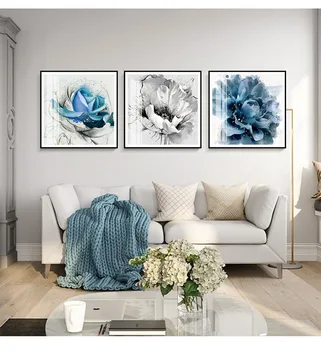 Aur slivery și Cerneală albastru Abstract Subshrubby bujor flori moderne Nordic Pictura decorativa pentru Casa Canvas Wall Art Poster