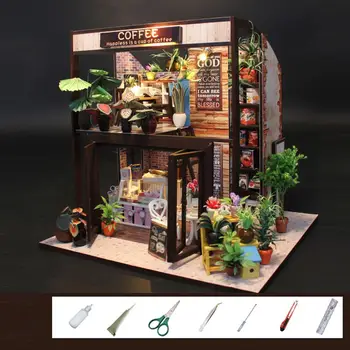 Casă de Păpuși în miniatură Mobilier din Lemn 3D Ansamblul Model de Casa DIY Casa Papusa Cafea Magazin de Jucării lucrate Manual pentru Copii