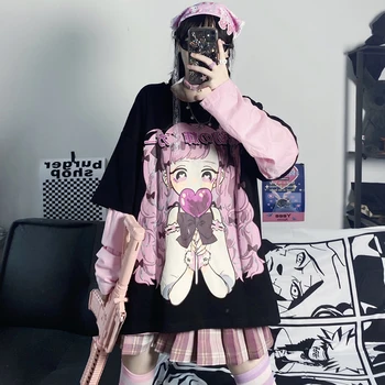 Anime, Fată de Imprimare Topuri Femeile 2021 Primavara-Vara Vrac Fals Două Piese în Stil Gotic, Japoneză Maneca Lunga T-shirt Kawaii Student
