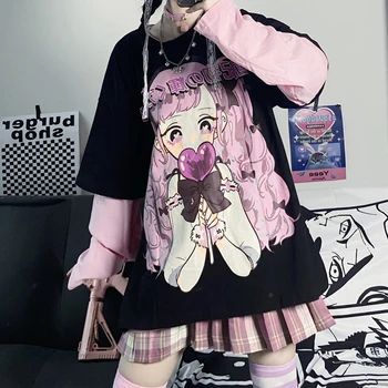 Anime, Fată de Imprimare Topuri Femeile 2021 Primavara-Vara Vrac Fals Două Piese în Stil Gotic, Japoneză Maneca Lunga T-shirt Kawaii Student