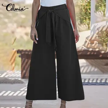 2021 Celmia Vintage Lenjerie Pantaloni Pentru Femei De Înaltă Talie Elastic Largi Picior Pantaloni Casual Pantaloni Largi Lung Solid Palazzo Plus Dimensiune 7