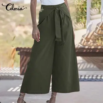 2021 Celmia Vintage Lenjerie Pantaloni Pentru Femei De Înaltă Talie Elastic Largi Picior Pantaloni Casual Pantaloni Largi Lung Solid Palazzo Plus Dimensiune 7