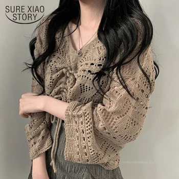 2020 Toamna Stil coreean Hollow-out Tricotate Tricou Femei Casual Vrac Solid Femei Bluza V-Neck Maneca Lunga Lady Îmbrăcăminte 10194