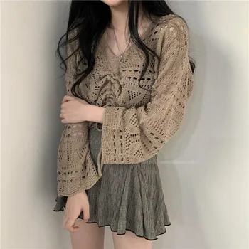 2020 Toamna Stil coreean Hollow-out Tricotate Tricou Femei Casual Vrac Solid Femei Bluza V-Neck Maneca Lunga Lady Îmbrăcăminte 10194