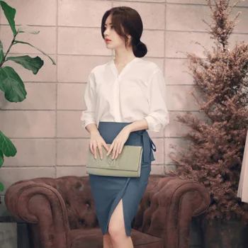 Coreea Style Solid de culoare Albă Șifon Bluza 2021 Toamna cu Maneci Lungi Arc Spate V-gât Femei Topuri si Bluza Office Lady Style 11571