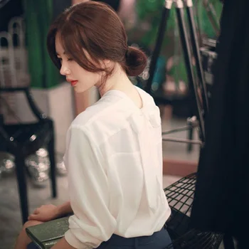 Coreea Style Solid de culoare Albă Șifon Bluza 2021 Toamna cu Maneci Lungi Arc Spate V-gât Femei Topuri si Bluza Office Lady Style 11571