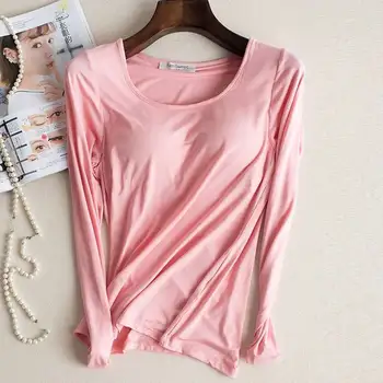 6 Culori Construit în Sutien tricou Maneca Lunga Femei Îmbrăcăminte Respirabil Feminin Bottom tricouri Topuri Casual Top Lady Tees