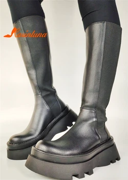 Design de Brand de Moda se Răcească Echitatie Cizme Platforma Gotic slip-on de la jumătatea vițel Cizme Rotund Toe Tocuri Groase Elegante Femei Pantofi de Iarna