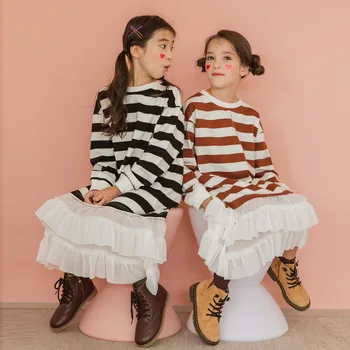 Copii 2020 toamna anului nou fetele rochie cu dungi versiune de mare de copii părinte-copil purta împletit rochie ciufulit