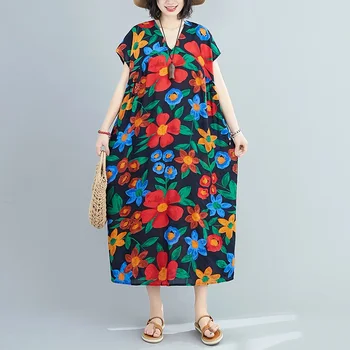 Bumbac plus dimensiune vintage florale femei casual pierde vară lungă rochie de plajă haine elegante 2021 doamnelor rochii sundress