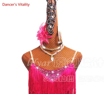 Personalizat latină Concurs de Dans Costume de Performanță Îmbrăcăminte Sasa Dans Fantă Mare Ciucure Fusta flash Diamond Rose Red