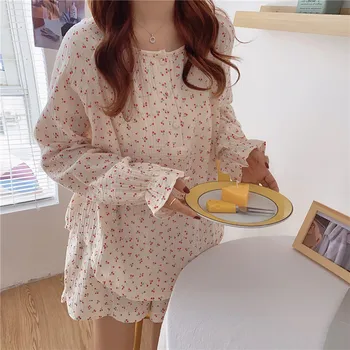 Coreeană Pijama Mujer Cherry Imprimare Fire De Bumbac Set De Pijamale Cu Maneca Lunga Top+Pantaloni Scurți Zburli Homewear Piele-Friendly Respirabil S1029