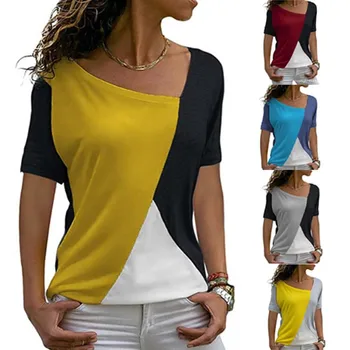 Vara Femei T-shirt Mozaic de Culoare de Sus Subțire de Îmbinare Tricou Maneca Scurta Femei Topuri Casual Femei Vintage Tee Streetwear de sex Feminin