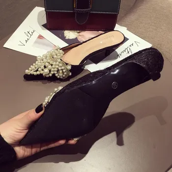 Brand de Lux Papuci Femei Designer de Diapozitive Doamnelor Catâri Pantofi Femei Pantofi Rochie Subliniat Toe Tocuri Subtiri 5cm Perla Papuci de casă B285