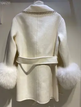 2020 Noua Pistă de design Pearl Guler Dublu Breasted Trench Lung Femei Elegante Blană de Vulpe Mâneci Casual Îmbrăcăminte