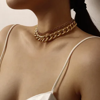 Simplu Gros Și Subțire Lanț Multistrat Colier Hip Hop Moda Bijuterii Cravată Coliere pentru Femei Lanț de Gât