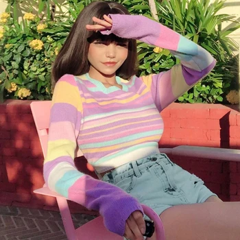 IAMSURE Dungi Colorate Maneca Lunga Sexy Trunchiate Pulover Pentru Femei 2020 Toamna Streetwear Casual 90 Pulover Tricotate Harajuku