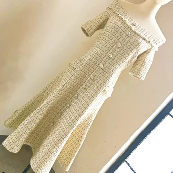 Chic pentru femei de înaltă calitate carouri rochie de tweed 2019 toamna elegant off-umăr rochie A575
