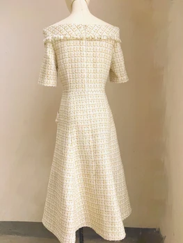 Chic pentru femei de înaltă calitate carouri rochie de tweed 2019 toamna elegant off-umăr rochie A575