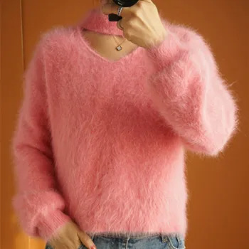 Pulovere tricotate pulover ține de cald Decupaj Guler V gât pentru 2020 Toamna iarna femei iepure angora maneca Lunga