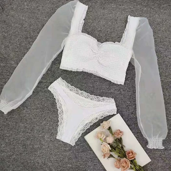 Într-X Sexy de dantelă albă bikini 2020 maneca Lunga plasă de costume de baie femei costume de baie bandeau pentru femei de Vară, amatorii de scăldat costum de baie Beachwear