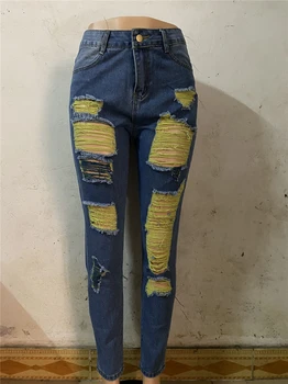 Femei De Moda Blugi Rupți Galben Zero Denim Pantaloni De Creion Cu Talie Înaltă Stretch Pantaloni Skinny 2020