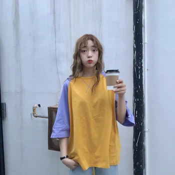 Tricouri Femei la Modă Elegant All-meci Mozaic Stil coreean Femei Pierde Vara Respirabil Femeie T-shirt, O-Neck Casual 2020