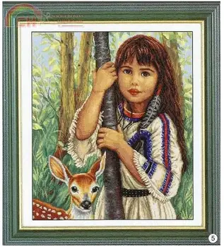 Calitate de Top Frumos Minunat Numărat goblen Kit Păr Șaten Fetiță și Cerb Păstor în Pădure, Copaci
