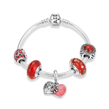 925 Sterling Silver Red Email Inima Pomul Vieții Pandantive, Mărgele de Sticlă Brățară de Grava Orbitor Clar CZ Rotund Lanț Femei Bijuterii
