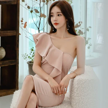 2020 Nou Elegant Roz Rosu Rochie de Partid Un umăr Dulce Zburli Creion Bodycon rochie de moda