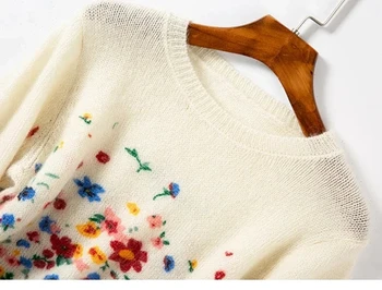 Florale Imprimare Pulover Femei O-gât Mohair Maneca Lunga Vintage de Toamna Femei Topuri Tricot