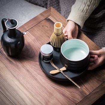 Moda Brut Negru Mat Japoneză Ceramice Chawan Cuptor cu Geamuri de Mana Matcha Castron pentru Amestecati Titularul Set
