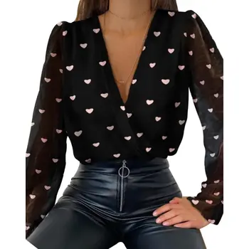 Femei V Adânc Gât Top Alb Jacquard Moda Camasa Femei Maneca Lunga Camasa Chic Sexy Cu Buline De Culoare Solidă Plasă De Bluze 2021