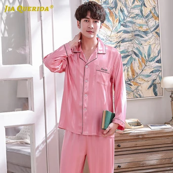 Noi Imitat de Mătase Roz Pijama Set Homesuit Homeclothes Pijamale din Satin de Matase cu Maneci Lungi Pantaloni Lungi Casual, Două Femei și Bărbați