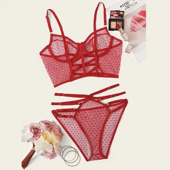 2020 Femei Lenjerie Sexy Red Dot Corset Lace Underwire Picante Muselină Pijamale Lenjerie Topuri+Chiloti Seturi De Lenjerie Lenceria