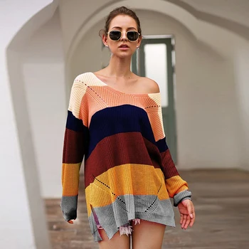 Curcubeu Colorat Dungi De Imprimare Pulover Femei De Moda Noua Pulovere Mozaic Maneca Lunga Topuri Bluze Tricotate De Sus 2020