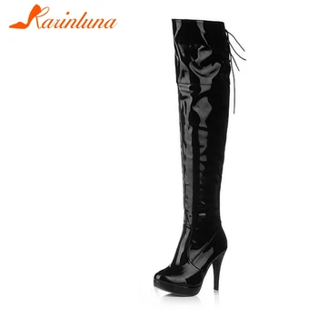 Karinluna Vânzare Fierbinte 2021 Nou la Modă de sex Feminin Pantofi dantela-up over-the-genunchi Cizme Solide de pantofi cu Toc Coapsa Inalta Femei Papuceii