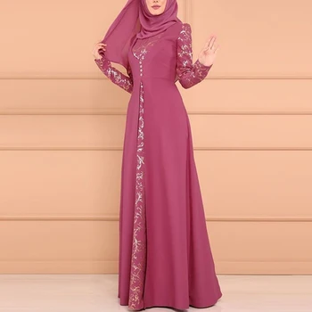OTEN Plus Dimensiunea Femei Musulmane Rochii Abayas Casual Mozaic Butonul O-Gât Tipărite Islamic Haine Elegante, Feminine Halat de Epocă