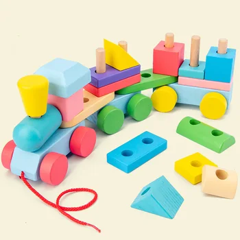 Jucarii Pentru Copii Jucarii Montessori Trailer Tren Din Lemn Vehicul Blocuri Geometrie Culoare Cunoaștere Devreme Jucării Educative Pentru Copii De Cadou